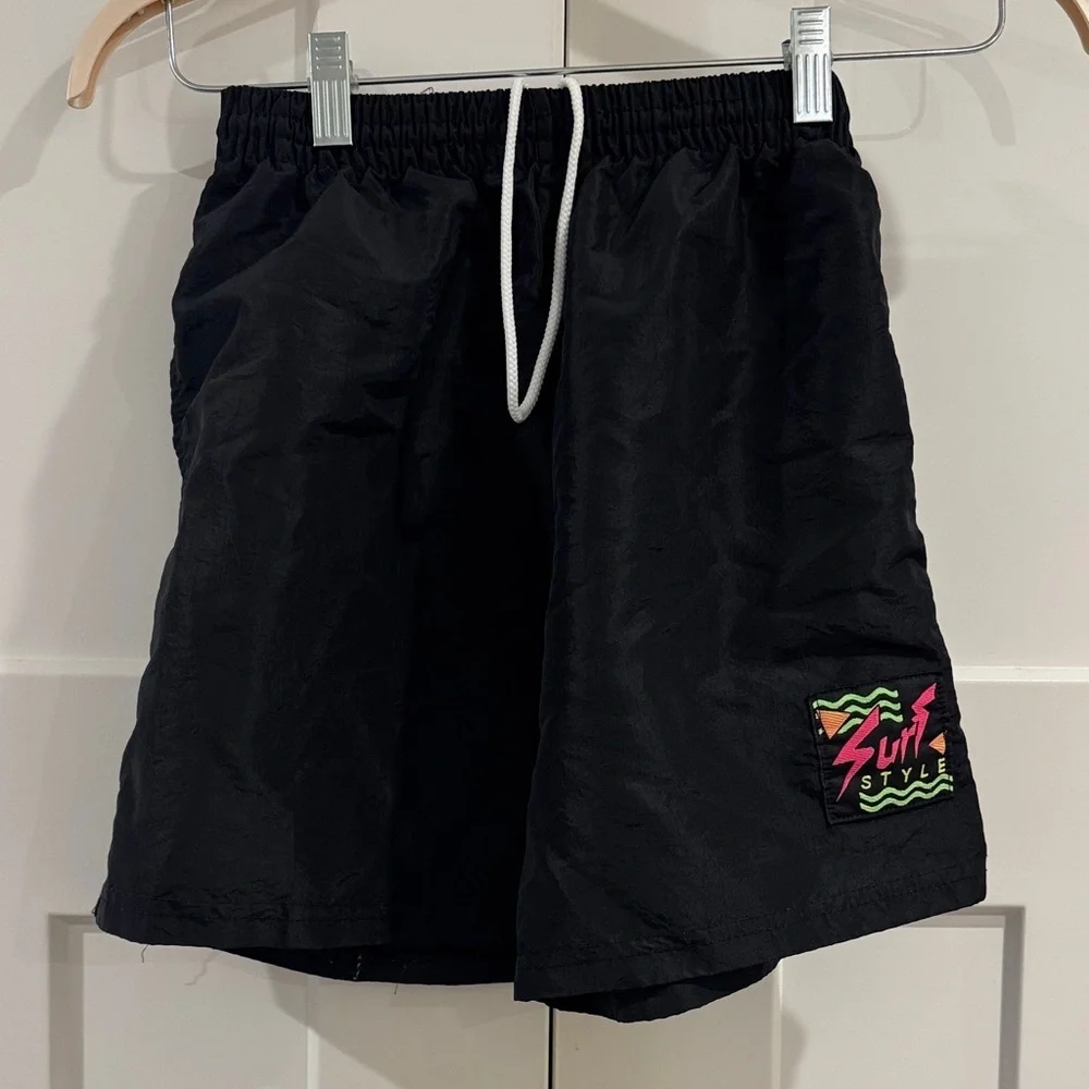 Vintage Surf Style Shorts, Black with Neon Logo, Size Small - Picture 1 of 6
